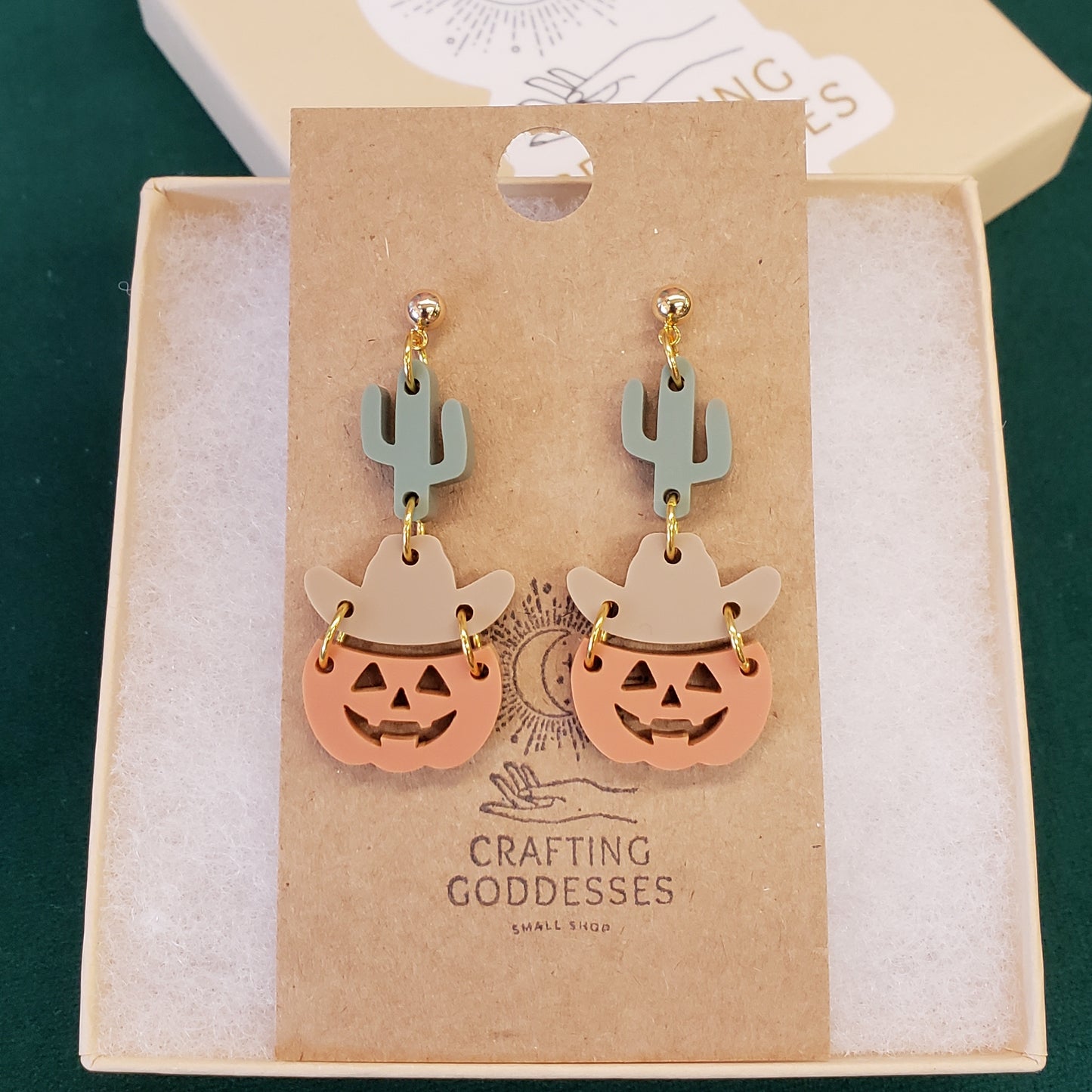 Acrylic Earrings - Fall/Halloween 'Jack O'Lantern Cowboy' - Hypoallergenic Posts