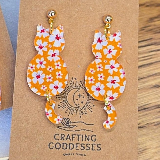 Acrylic Earrings - Animal Collection 'Floral Cats' - Hypoallergenic Posts