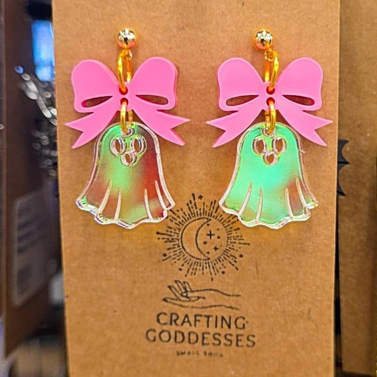 *Acrylic Earrings - *Fall/Halloween 'Autumn Holographic Coquette Ghost' - Hypoallergenic Posts