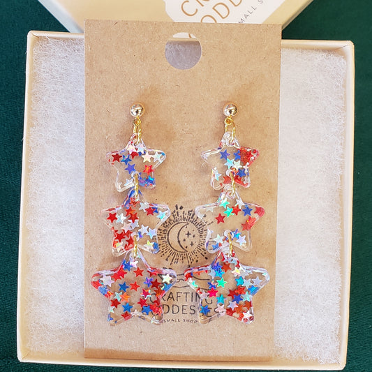 Acrylic Earrings - Patriotic USA Shooting Stars - Hypoallergenic Posts