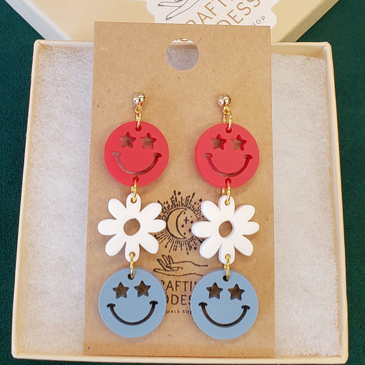 Acrylic Earrings - Patriotic USA Smileys - Hypoallergenic Posts