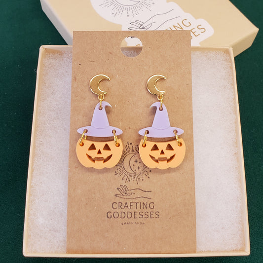 Acrylic Earrings - Fall/Halloween 'Jack O'Lantern Witch' - Gold Moon Posts