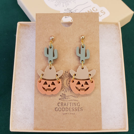 Acrylic Earrings - Fall/Halloween 'Jack O'Lantern Cowboy' - Hypoallergenic Posts