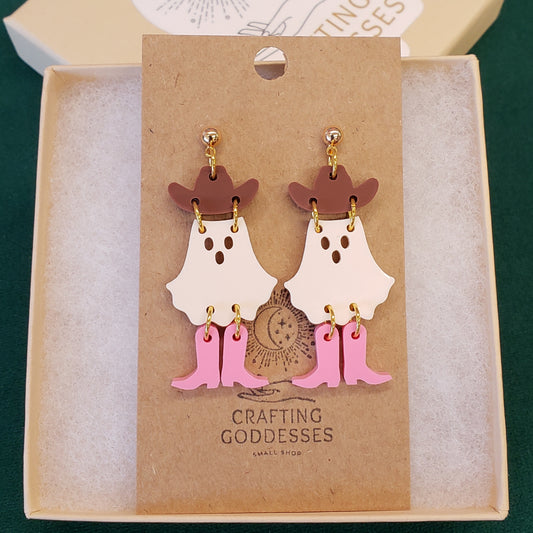 Acrylic Earrings - Fall/Halloween 'Cowgirl Ghosts' - Hypoallergenic Posts