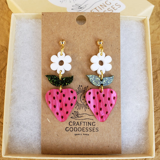 Acrylic Earrings - A Fruit Lovers Collection 2.0 'Strawberry' - Hypoallergenic Posts