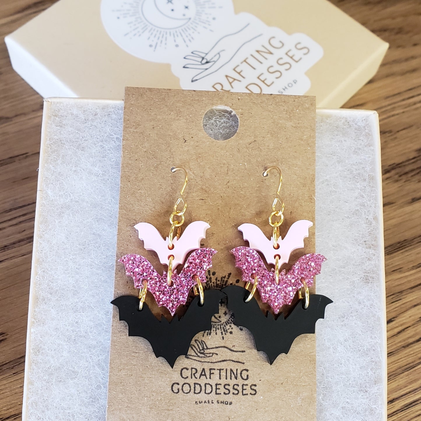 Acrylic Earrings - A Halloween 'Bat Ombre Trio' - 10K Gold Plated French Hooks Jewelers Quality