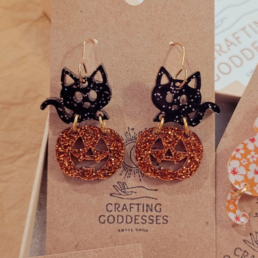 *Acrylic Earrings - *Fall/Halloween 'Autumn Black Cat in Jack O'lantern' - Hypoallergenic French Hooks