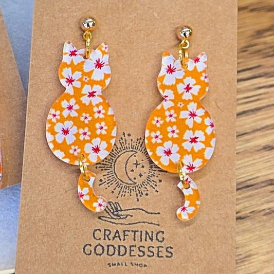 Acrylic Earrings - Animal Collection 'Floral Cats' - Hypoallergenic Posts