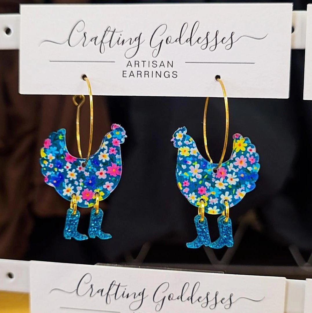 Acrylic Earrings - Animal Collection 'Chicken in Boots' Hypoallergenic Hoops