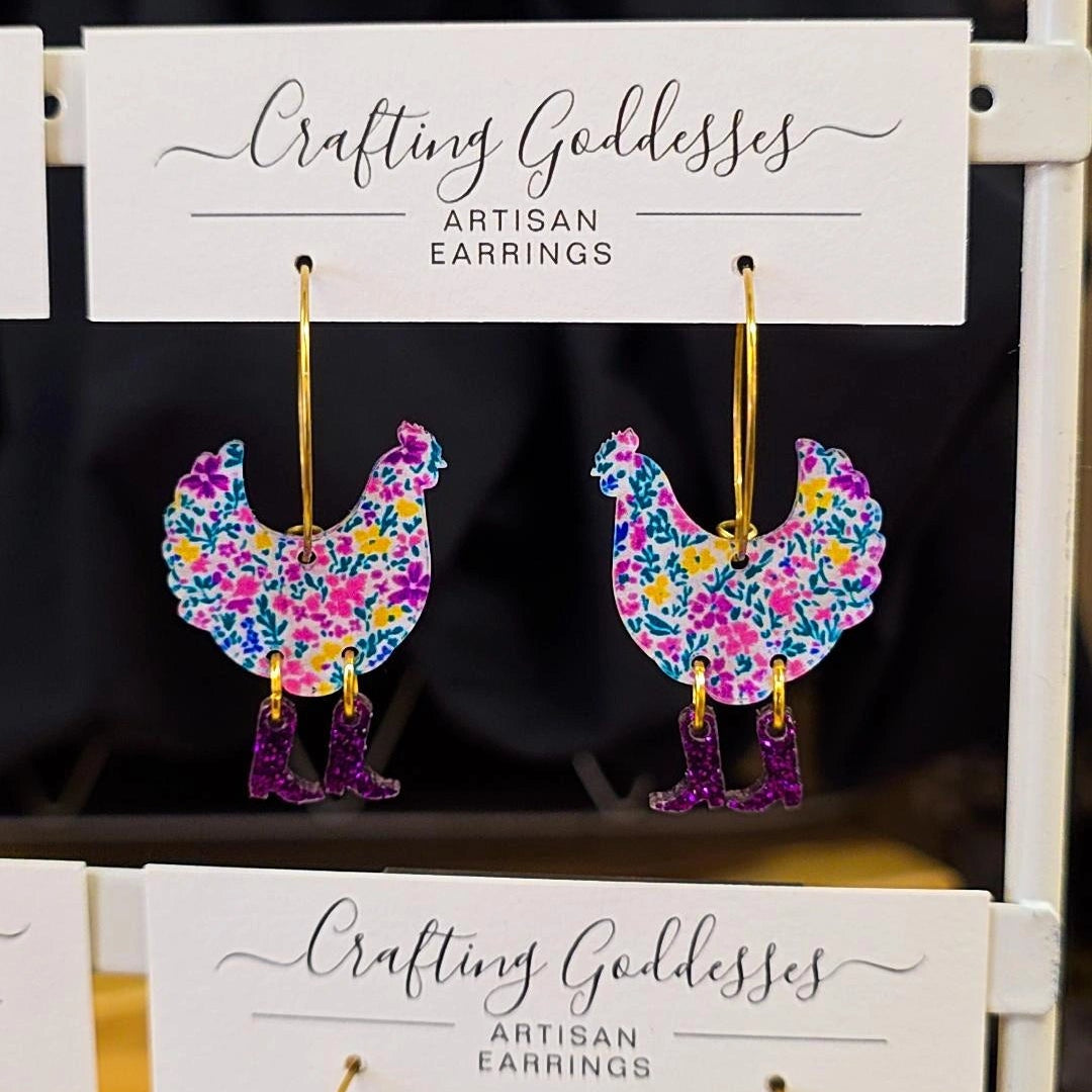 Acrylic Earrings - Animal Collection 'Chicken in Boots' Hypoallergenic Hoops