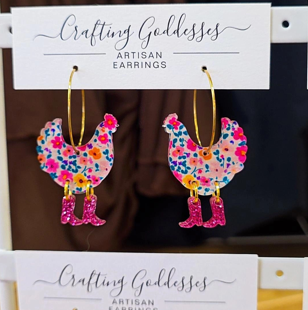 Acrylic Earrings - Animal Collection 'Chicken in Boots' Hypoallergenic Hoops