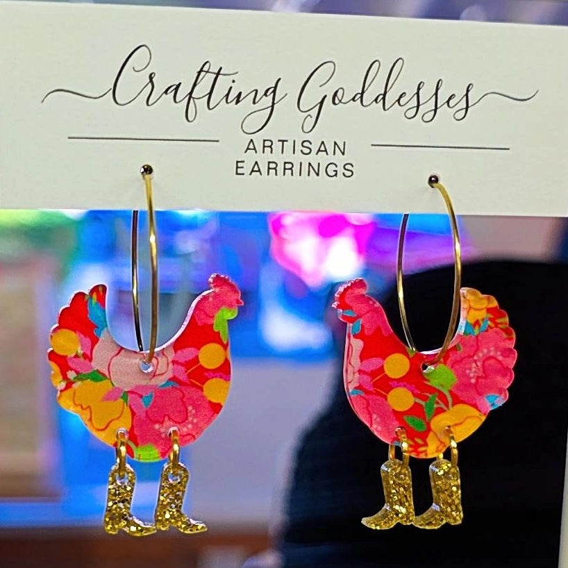 Acrylic Earrings - Animal Collection 'Chicken in Boots Part 1' Hypoallergenic Hoops
