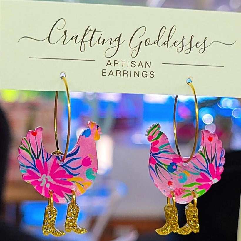 Acrylic Earrings - Animal Collection 'Chicken in Boots Part 1' Hypoallergenic Hoops