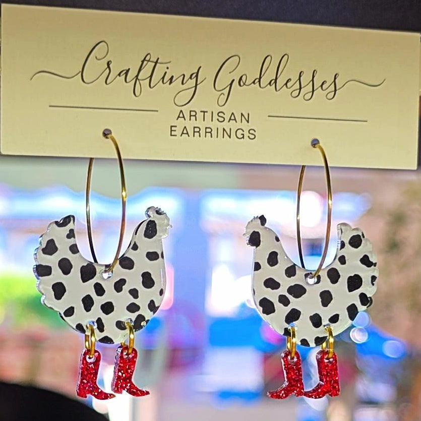 Acrylic Earrings - Animal Collection 'Chicken in Boots Part 1' Hypoallergenic Hoops