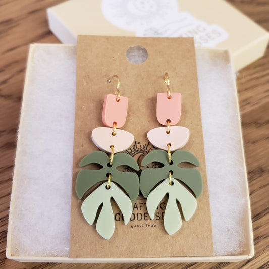Acrylic Earrings - Boho Monstera Drops - 10K Gold French Hooks