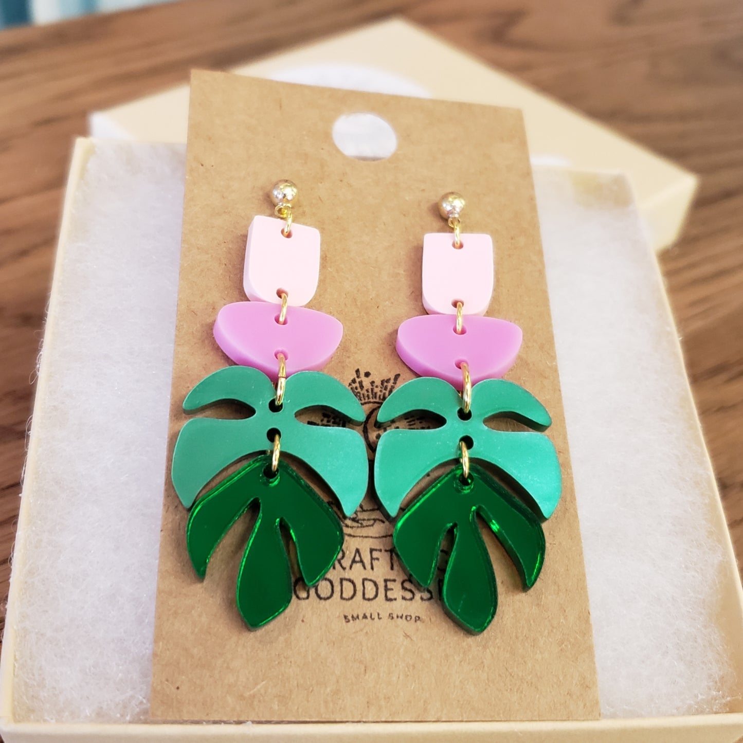 Acrylic Earrings - Boho Monstera Drops - Hypoallergenic Posts