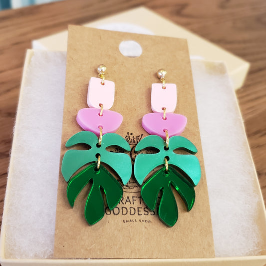 Acrylic Earrings - Boho Monstera Drops - Hypoallergenic Posts