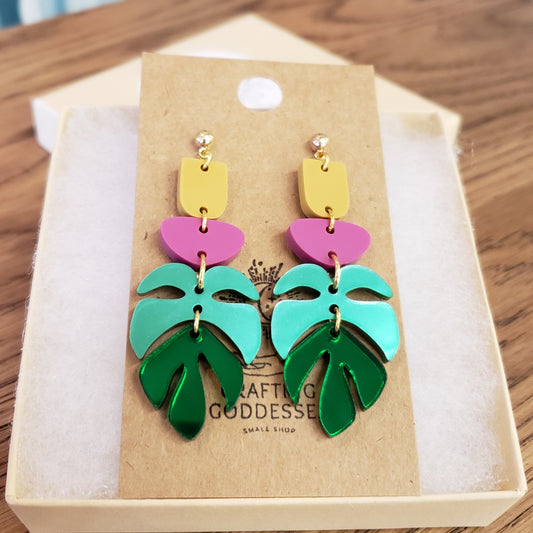 Acrylic Earrings - Boho Monstera Drops - Hypoallergenic Posts