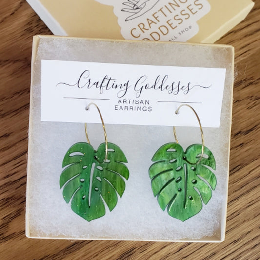 Acrylic Earrings - Boho Monstera Hypoallergenic Hoops