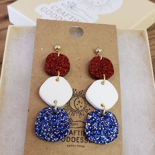 Acrylic Earrings - Patriotic USA Red, White & Blue- Hypoallergenic Posts