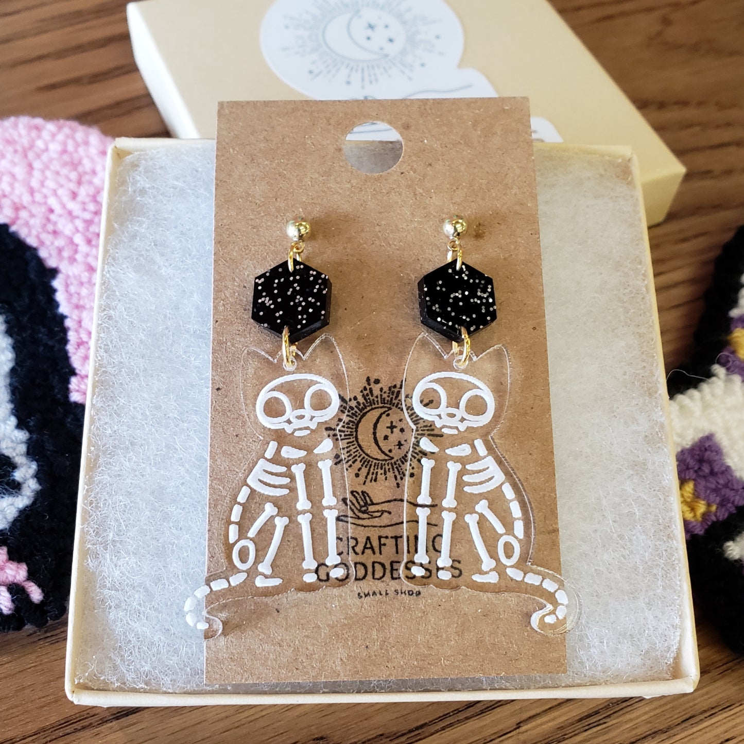 Acrylic Earrings - A Halloween 'Skeleton Cat' - Hypoallergenic Posts