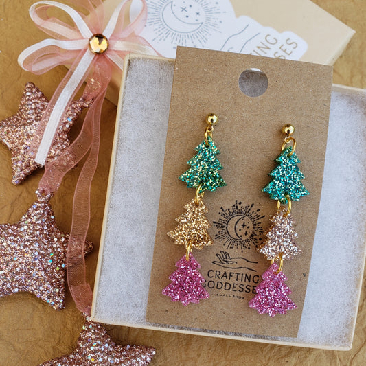 Acrylic Earrings - A Christmas Dream 'Tree Trio' - Hypoallergenic Posts