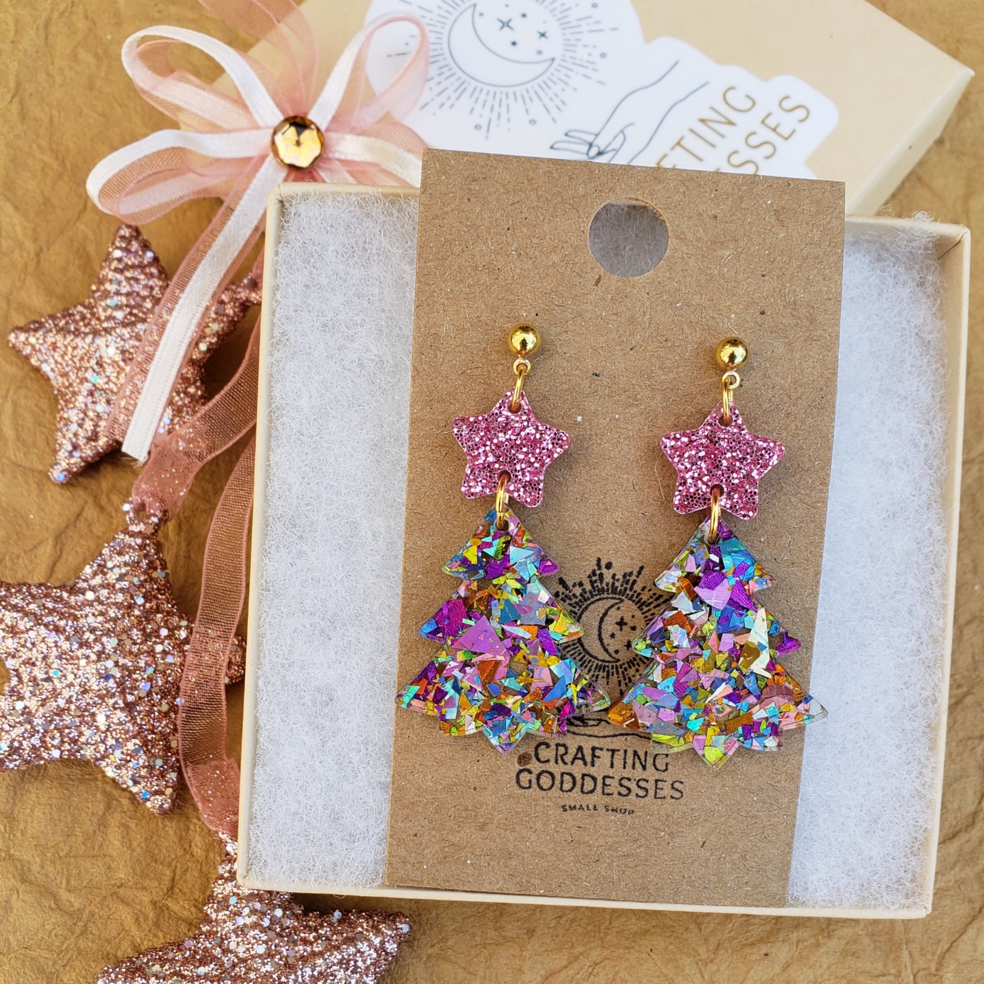 Small Purple/Pink Holographic Glitter Christmas Tree Earrings – Daisy Dream  Boutique