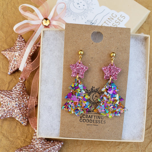 Acrylic Earrings - A Christmas Dream 'PINKMAS Chunky Glitter Trees' - Hypoallergenic Posts