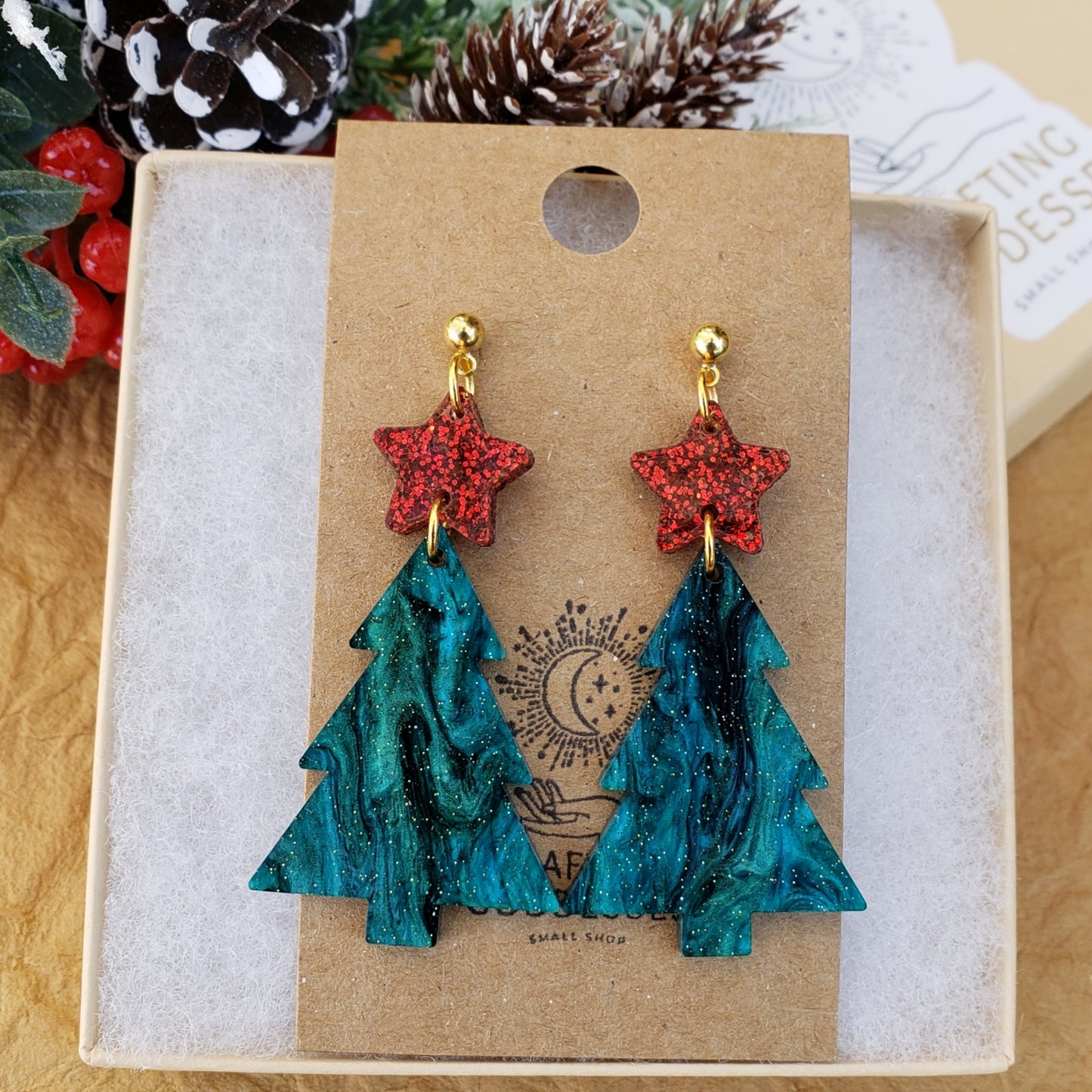 Acrylic Earrings - A Christmas Dream 'Classic Emerald Trees' - Hypoallergenic Posts