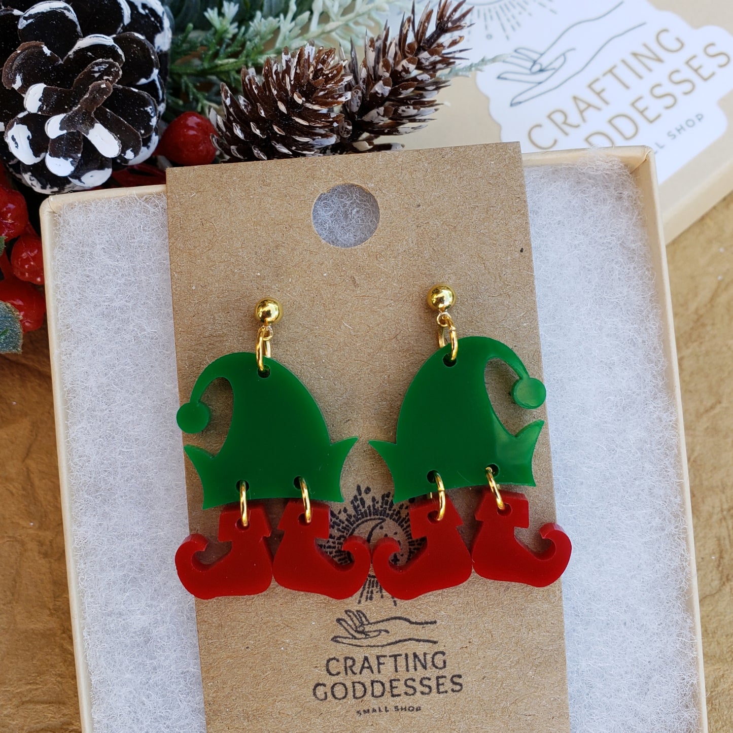 Acrylic Earrings - A Christmas Dream 'Classic Elf' - Hypoallergenic Posts