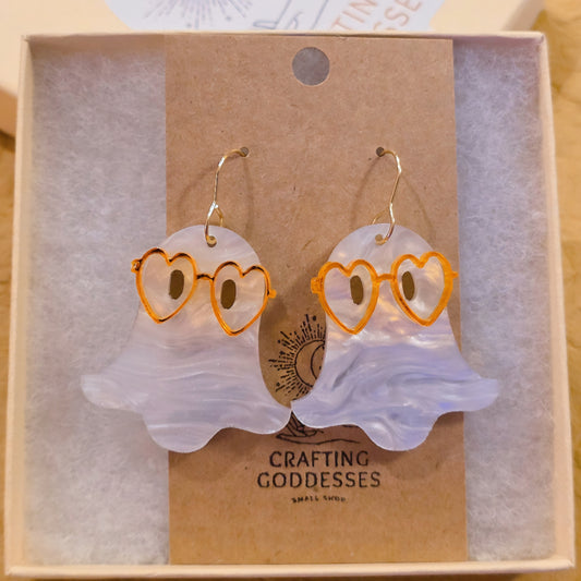 *Acrylic Earrings - *Fall 'Autumn Cutie Ghost' - Hypoallergenic French Hooks