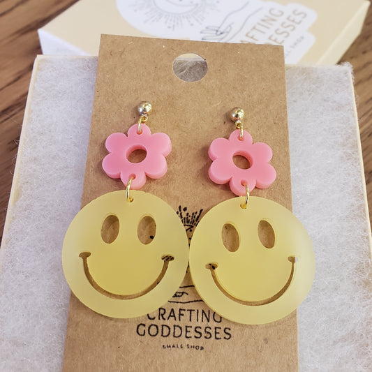 Acrylic Earrings - Boho Daisy Smiley - Hypoallergenic Posts