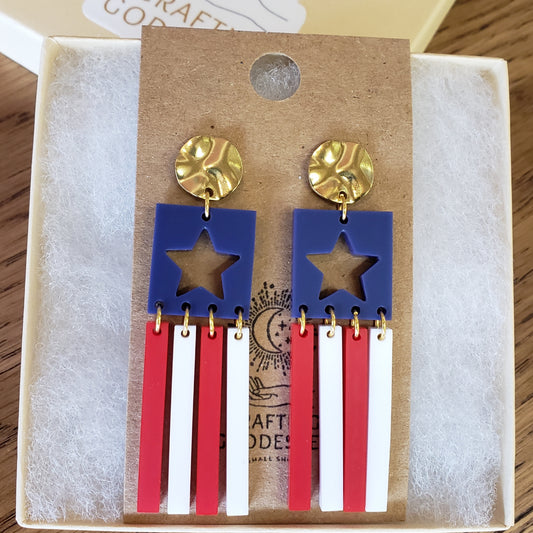 Acrylic Earrings - Patriotic USA American Flag - Hypoallergenic Posts