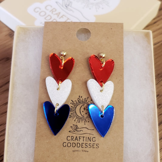 Acrylic Earrings - Patriotic USA 'Elle' Hearts - Hypoallergenic Posts