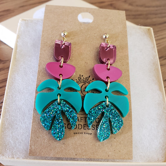 Acrylic Earrings - Boho Monstera Drops - Hypoallergenic Posts