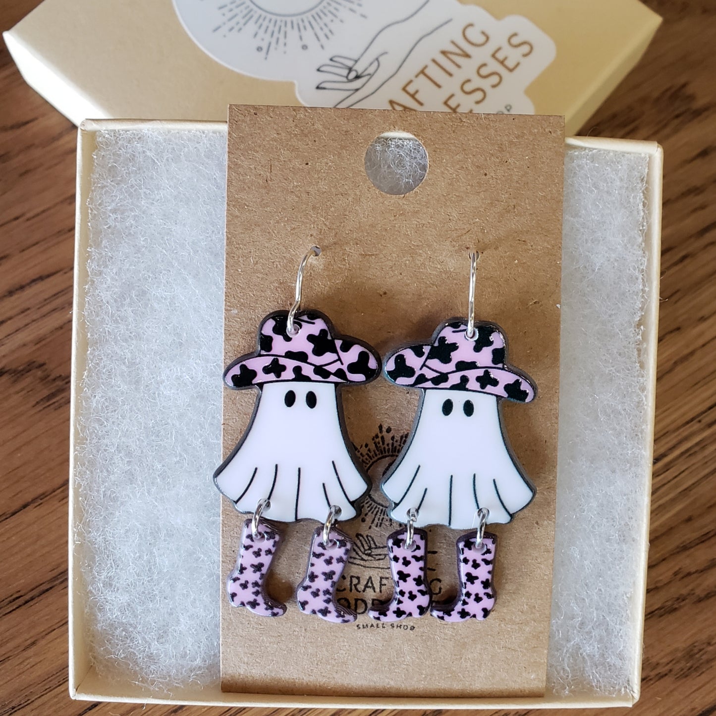 Acrylic Earrings - A Halloween 'Cowgirl Ghosts' - Sterling Silver Plated French Hooks (Jewelers Quality)