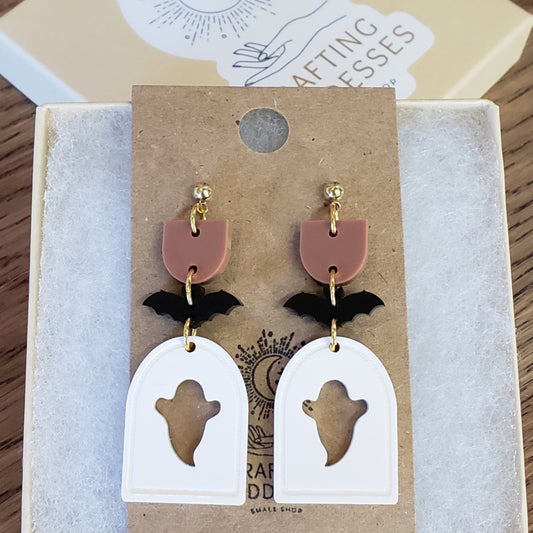 Acrylic Earrings - A Halloween 'BOOS & BATS' - Hypoallergenic Posts