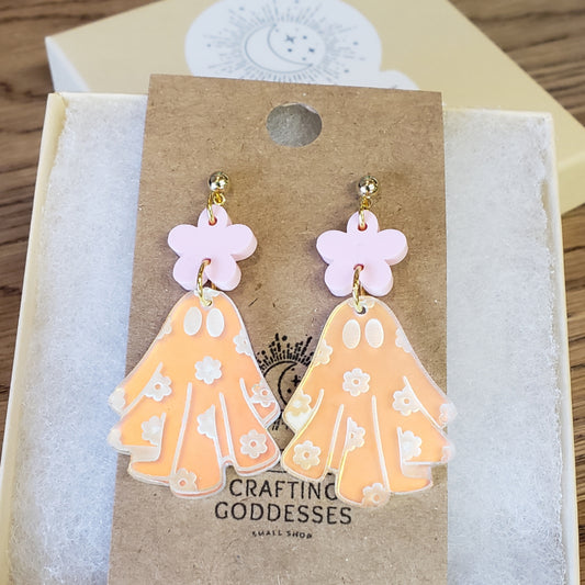 Acrylic Earrings - Halloween 'Floral Holographic Ghosts' - Hypoallergenic Posts