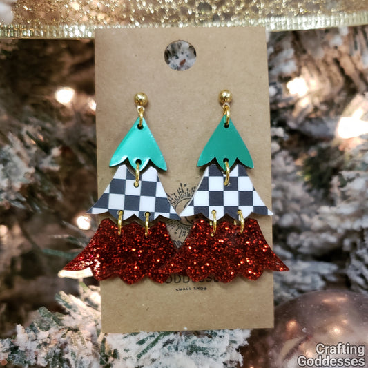 Acrylic Earrings - A Christmas Dream 'Vintage Checkered Trees' - Hypoallergenic Posts